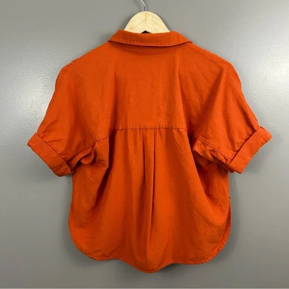 Mango Oversized Orange Linen Blend Short Sleeve Button-Up Shirt Size 2 - Picture 6 of 12